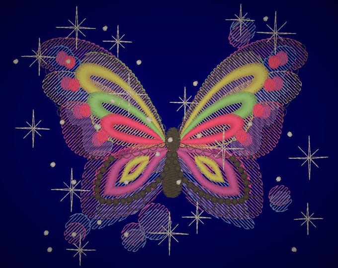 Galaxy Butterfly sparkling stars light stitch machine embroidery designs rainbow colorful design for girls sizes for hoop 4x4  5x7  6x10