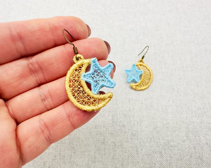 Moon and Star small earrings in the hoop FSL freestanding lace machine embroidery designs size 1.4 inch girls kids charm quick simply ITH