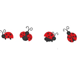 May include: Four red and black ladybugs with black spots, two are facing right and two are facing left.
