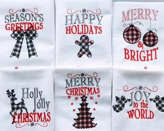 Merry Christmas gingham old fashioned classic Happy Holidays Joy Kitchen dish towel quotes 6pcs machine embroidery designs for hoop 4x4 5x7