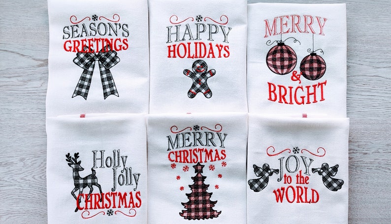 Merry Christmas gingham old fashioned classic Happy Holidays, Joy Kitchen dish towel quotes 6pcs machine embroidery designs 4x4, 5x7 image 2