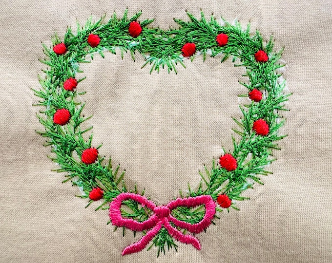Merry Christmas Heart Wreath with Bow sweet home Holiday decoration with ribbon festive machine embroidery designs sizes 4, 4.5, and 5 inch