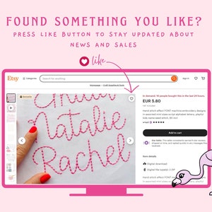 May include: A computer screen displaying an Etsy listing for a hand stitch effect font machine embroidery design. The design features the names "Anna", "Natalie", and "Rachel" stitched in pink thread on a white fabric. The listing is titled "Hand stitch effect FONT machine embroidery designs in assorted mini sizes script alphabet letters, playful kids name seed stitch, 5X incl." and is priced at EUR 5.80. The listing is in demand, with 16 people having purchased it in the last 24 hours.
