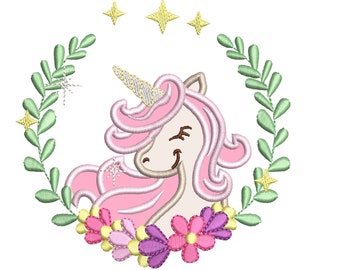 Unicorn Princess floral laurel Unicorn head applique machine embroidery designs in assorted sizes kids girls magic horse flower frame