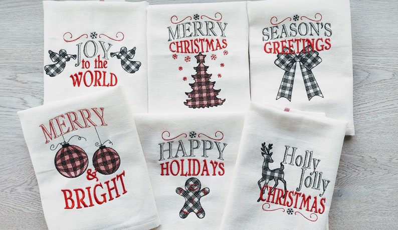 Merry Christmas gingham old fashioned classic Happy Holidays, Joy Kitchen dish towel quotes 6pcs machine embroidery designs 4x4, 5x7 image 1