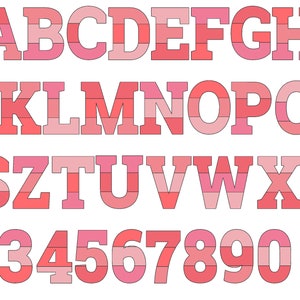 Könnte beinhalten: Eine pinkfarbene und rote Alphabetschrift mit Großbuchstaben, den Zahlen 1 bis 9 und 0 sowie einem Ampersand-Symbol. Jedes Zeichen besteht aus horizontalen Streifen in Rosatönen und Rot.