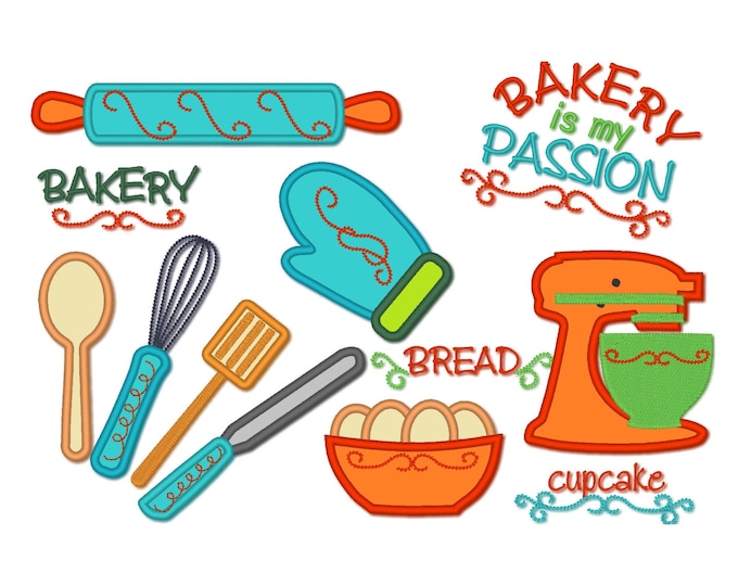 Cooking Bakery tools Kids little helper kitchen Applique machine embroidery designs sizes for hoop 4x4 and 5x7 mixer whisk rolling pin