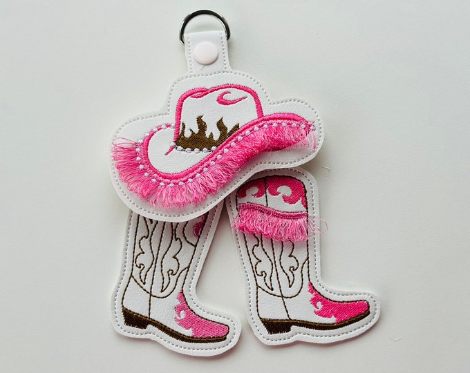 Pretty Cowgirl cowboy Boots and Hat pink key fob snap tab and Eyelet SET of 3 fringed keychain in the hoop ITH machine embroidery designs