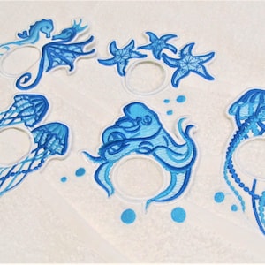 Octopus, jellyfish, seahorse, star fish, 5 In The Hoop machine embroidery design, ITH project Towel topper, hanger, hanging hole embroidery