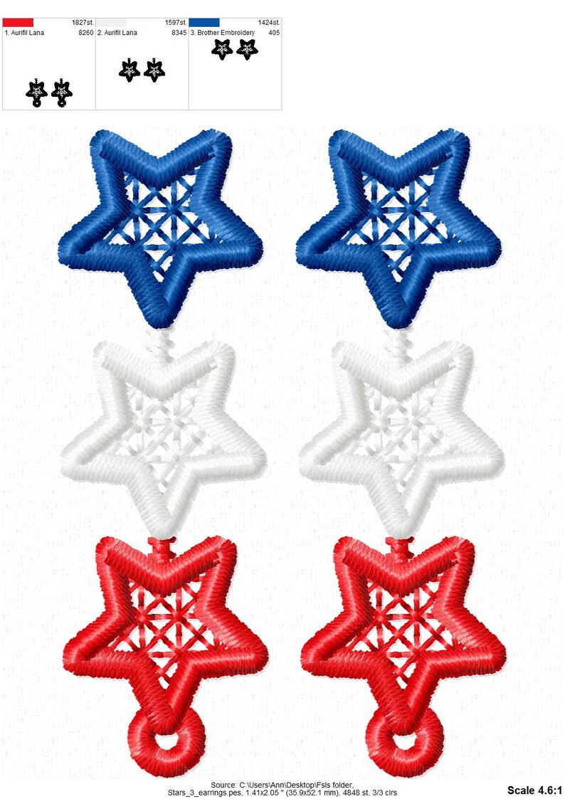 Pu&ograve; includere: Tre paia di orecchini a forma di stella in rosso, bianco e blu. Ogni paio ha una stella con un cerchio in basso.