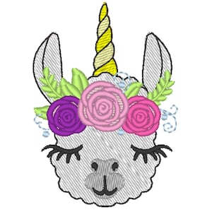 May include: A gray llama with a yellow horn and a flower crown. The flowers are pink, purple, and light pink. The llama has closed eyes and a small smile.