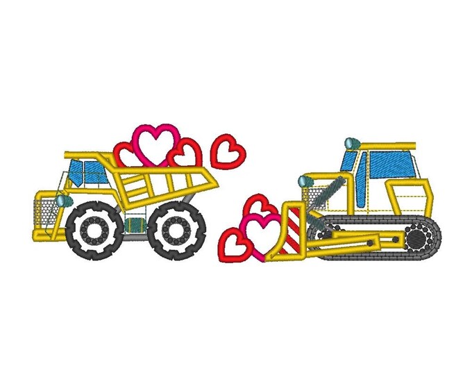Valentine Dump Truck and Tractor Set of 2 machine embroidery designs construction vehicle fill stitch and applique for hoop 4x4 and 5x7