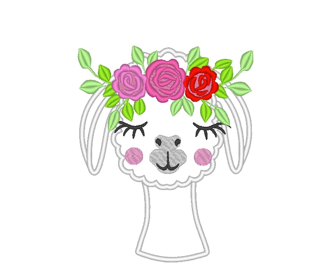 Pretty eyes llama or alpaca head with shabby chick roses crown applique machine embroidery designs applique embroidery llama face
