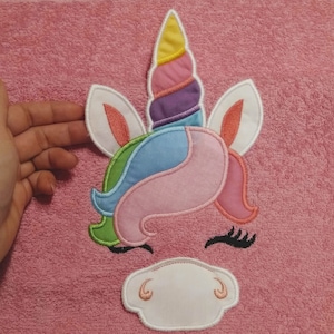 TOALHA COM CAPUZ Unicórnio, topper de toalha com capuz máquina de bordado design cabeça de unicórnio orelhas chifre ITH no aro máquina dimensional apliques crianças