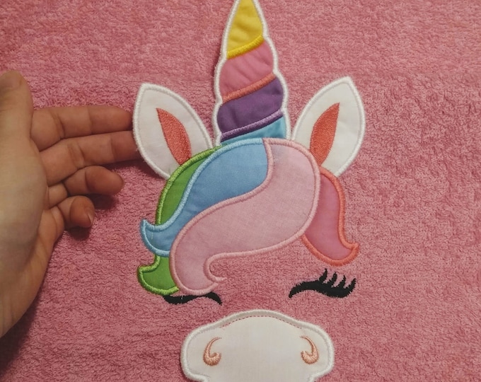 HOODED TOWEL Unicorn, hooded towel topper machine embroidery design Unicorn head ears horn ITH in the hoop dimensional machine applique kids