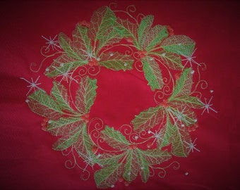 Sparkling holly leaves wreath Christmas holly leaf classy circle Monogram Frame machine embroidery designs hoop 5x5, 6x6, 8x8 bag pillow
