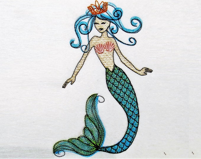 Mermaid sketch stitch outline bean triple, lock stitch embroidery designs 4x4 5x7 6x10 - mermaid simply urban curly embroidery design