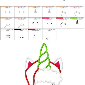 May include: A white unicorn wearing a red and green Santa hat with a green spiral horn. The unicorn's eyes are closed and the hat has a white pom-pom. The image is a digital embroidery design.