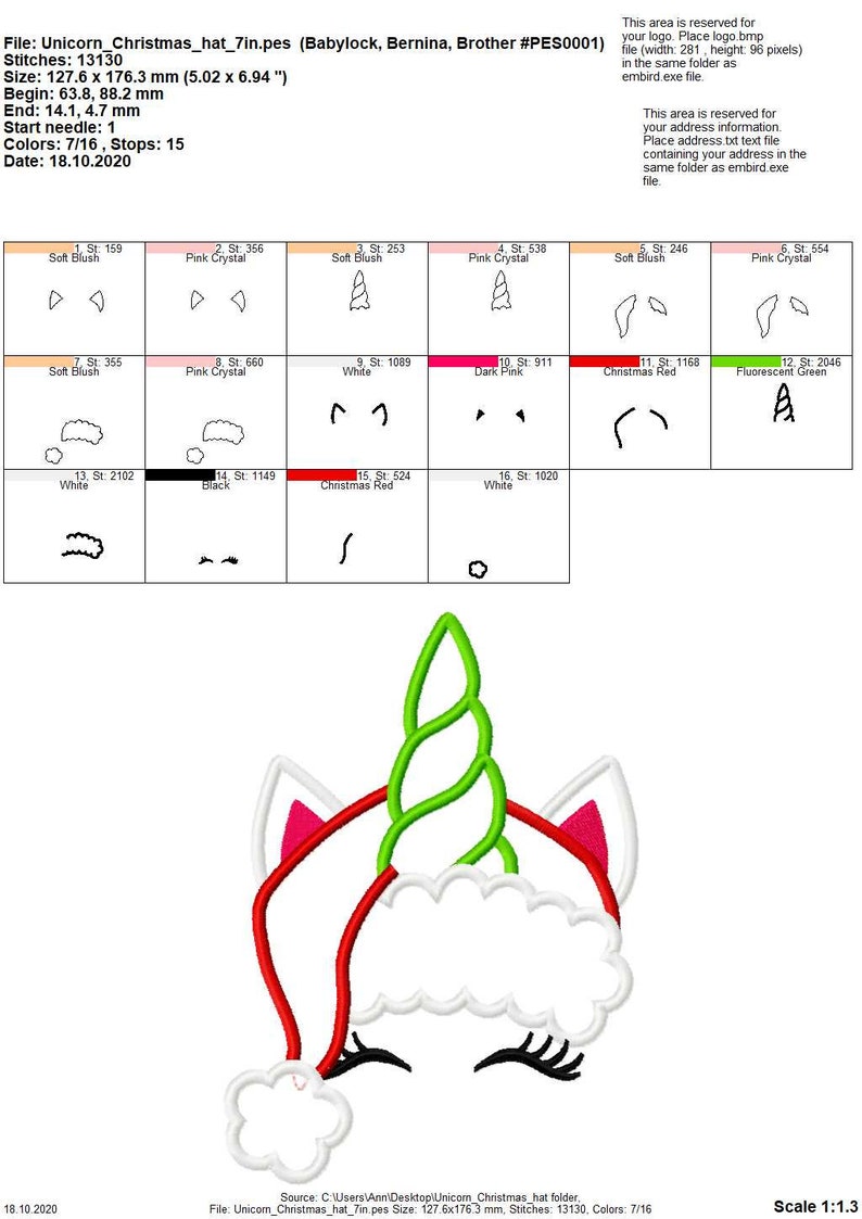 May include: A white unicorn wearing a red and green Santa hat with a green spiral horn. The unicorn's eyes are closed and the hat has a white pom-pom. The image is a digital embroidery design.