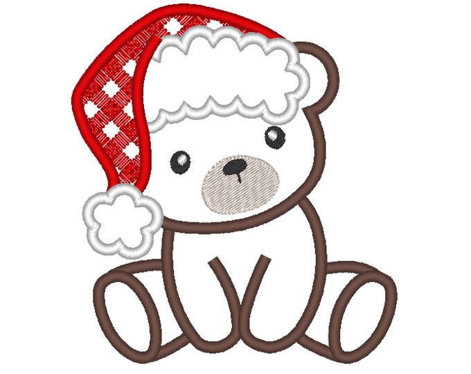 Teddy Bear with Plaid Checked Christmas Santa Hat Applique machine embroidery designs in assorted sizes for hoop 4x4, 5x7, 6x10 kids toy