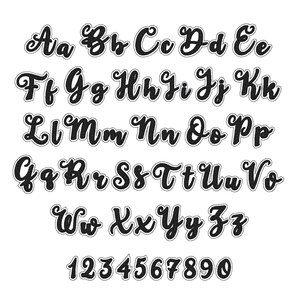 May include: A black and white alphabet and number font with a cursive style. The letters and numbers are outlined in white.