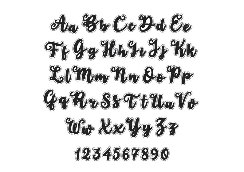 May include: A black and white alphabet and number font with a cursive style. The letters and numbers are outlined in white.