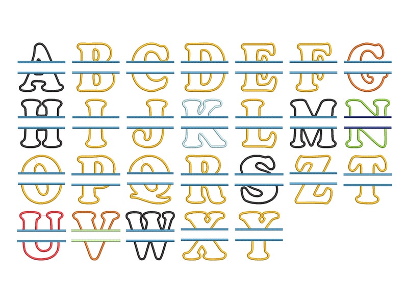 May include: A set of split monogram letters in various colours, including yellow, orange, red, blue, green, and black. Each letter is split horizontally with a space for a name or initials.
