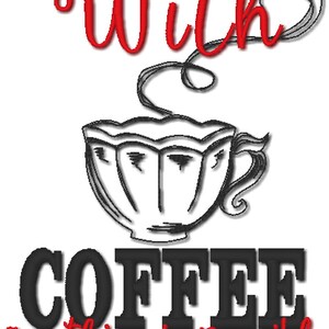 K&ouml;nnte beinhalten: Eine Schwarzwei&szlig;illustration einer Kaffeetasse mit aufsteigendem Dampf. Der Text "With coffee anything is possible" ist in Rot unter der Tasse geschrieben.
