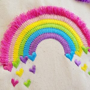 Fringed Rainbow awesome fluffy Rainbow falling hearts fringe in the hoop ITH machine embroidery designs for hoop 4x4, 5x7 kids baby playful funny design by Artapli embroidery formats PES HUS JEF EXP DST VIP VP3 XXX instant download