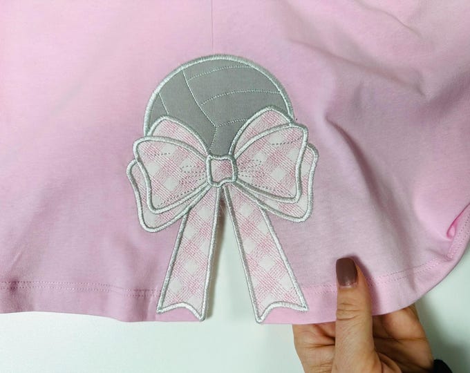 Volleyball Ball and Gingham Plaid Bow Applique side bow split seam machine embroidery designs ribbon Sports Girly Bow summer beach t-shirt