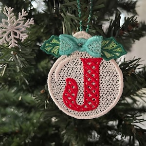 Christmas Alphabet monogram Ornaments and unique hanger bow ribbon FSL free standing lace SET Snowflake machine embroidery designs classic