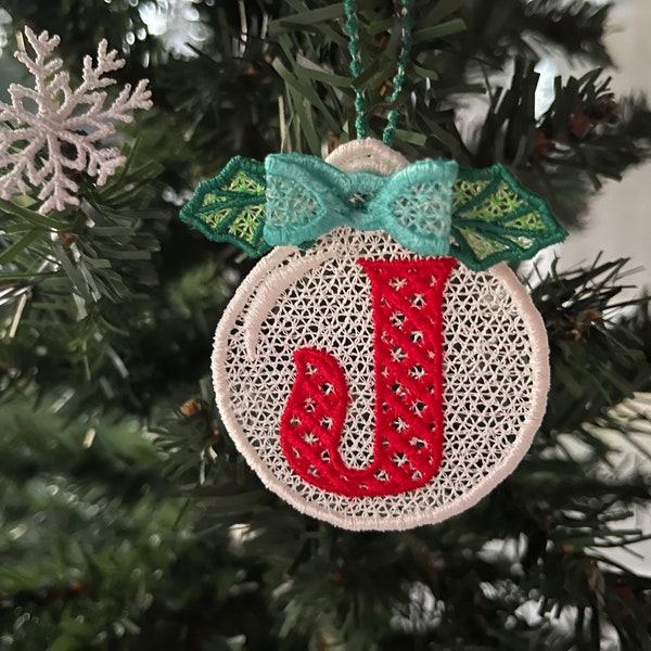 Christmas Alphabet monogram Ornaments and unique hanger bow ribbon FSL free standing lace SET Snowflake machine embroidery designs classic