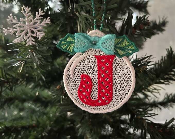 Christmas Alphabet monogram Ornaments and unique hanger bow ribbon FSL free standing lace SET Snowflake machine embroidery designs classic