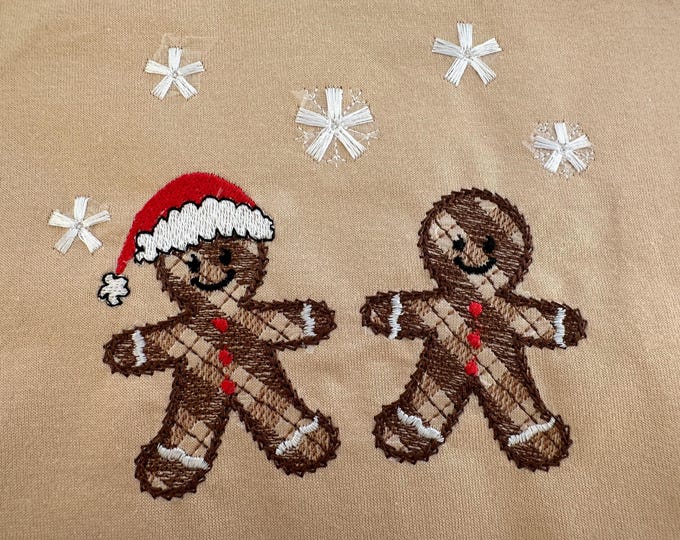 Cute gingham plaid Gingerbread Men in a row Man cookie fringed fluffy Snowflakes machine embroidery designs for kids Christmas Santa helper