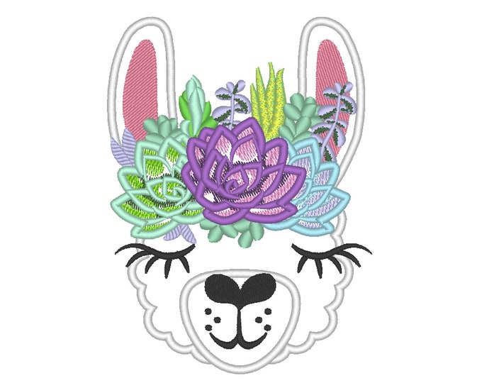 Llama or alpaca head with succulents bouquet crown applique machine applique embroidery design llama face drama succulent cactus flowers