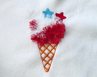 Patriotic fringed chenille ice cream in waffle cone and Star toppings machine embroidery designs 4, 5, 6 inches celebrate Independence Day