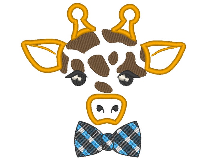 Giraffe boy face with bowtie  applique machine embroidery design cute animal giraffe face multiple sizes from 4x4 up to 8x8 INSTANT DOWNLOAD