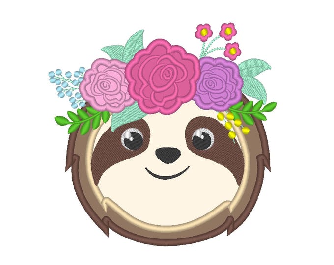 Sloth face pretty eyes with roses floral crown applique kids girls cute animal machine embroidery design sizes for hoop 4x4 5x7 6x10