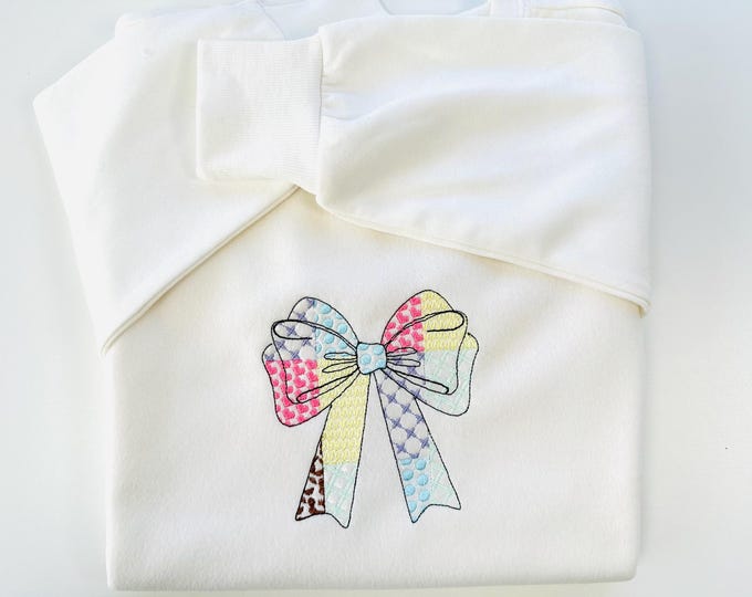 Patchwork Bow patterned heirloom bow ribbon machine embroidery designs many sizes 4 up to 7 inch kids girls t-shirt sweatshirt embroidery