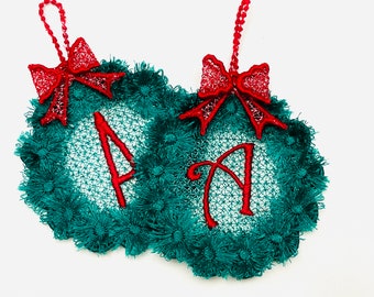 Christmas fringed wreath ornament monogram A-Z and bow hanger decoration Simply in the hoop FSL freestanding lace machine embroidery designs
