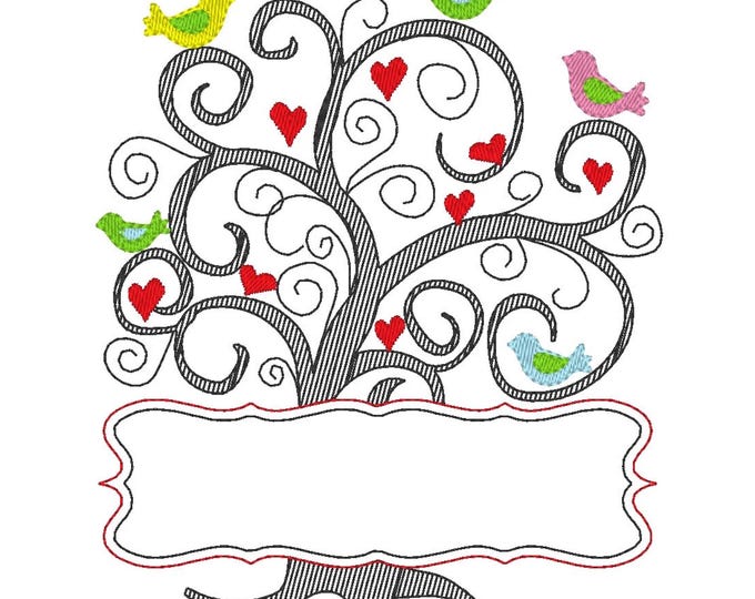 Magical Family Tree and mini font SET Tree with bird heart banner machine embroidery designs multiple sizes for hoop 4x4, 5x7, 6x10