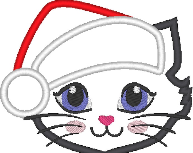 Christmas kitty, cat, Santa hat cat  Christmas applique machine embroidery designs Cat applique embroidery face