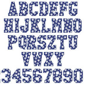 May include: An alphabet and numbers in a bold, blocky font, with a blue and white star pattern.