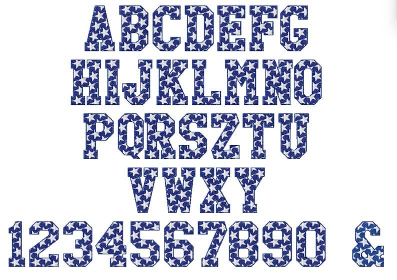 May include: An alphabet and numbers in a bold, blocky font, with a blue and white star pattern.