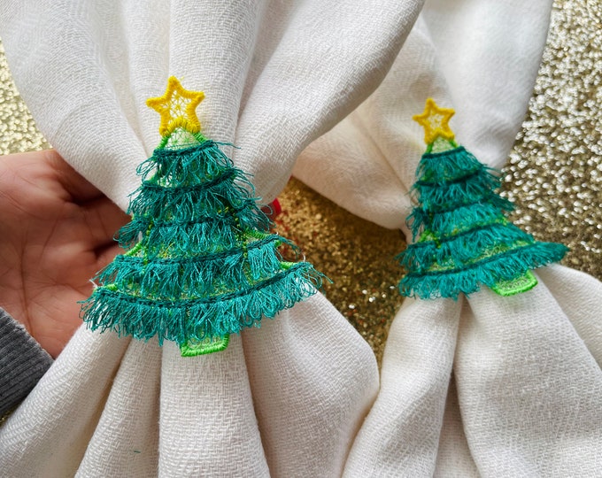 Christmas tree fringed accent table decoration Christmas napkin rings Simply in the hoop FSL freestanding lace machine embroidery designs