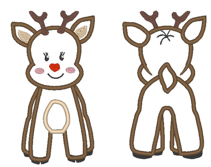 Reindeer Rudolph red nosed - front and back, rear view - machine embroidery applique and fill stitch designs 4x4, 5x7  INSTANT DOWNLOAD