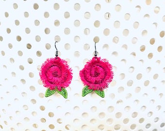 Summer Rose Peony fringed fluffy flower girls pretty earrings charm in the hoop FSL freestanding lace machine embroidery designs ITH project