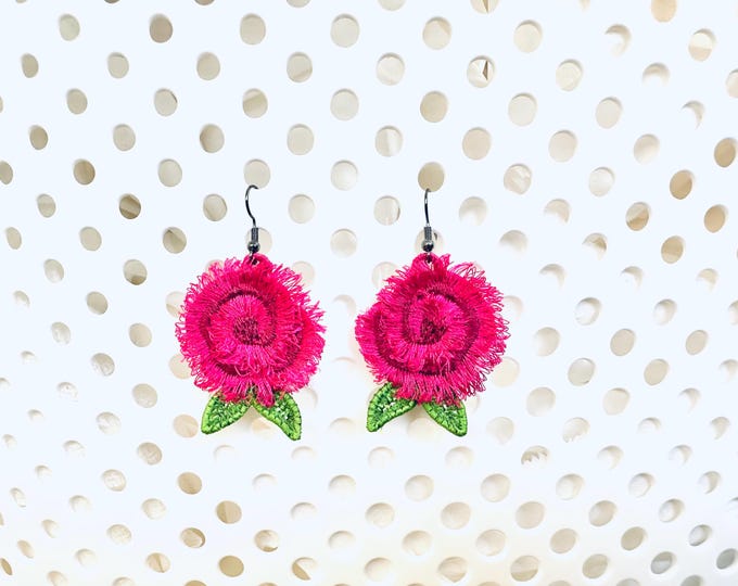 Summer Rose Peony fringed fluffy flower girls pretty earrings charm in the hoop FSL freestanding lace machine embroidery designs ITH project