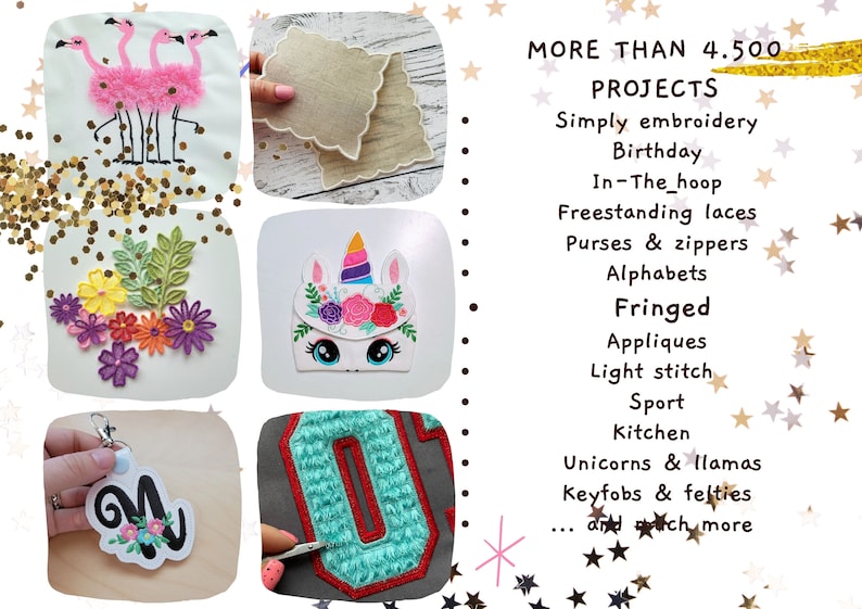 May include: A collage of images showcasing various embroidery designs, including flamingos, a unicorn, a floral arrangement, a letter M, and a large letter O. The text "MORE THAN 4,500 PROJECTS" is displayed at the top of the image, followed by a list of embroidery categories, such as "Simply embroidery", "Birthday", "In-The-hoop", "Freestanding laces", "Purses & zippers", "Alphabets", "Fringed", "Appliques", "Light stitch", "Sport", "Kitchen", "Unicorns & llamas", "Keyfobs & felties", and "...and much more".