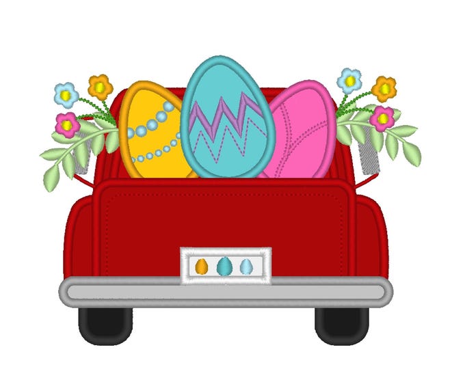Easter Vintage station wagon red truck back with eggs floral farm vehicle Applique machine embroidery designs many sizes 4 up to 8 inch